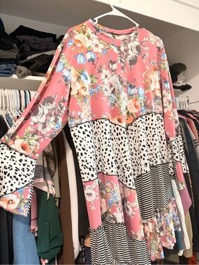 Pink Floral Patchwork Long-Sleeve Tunic by